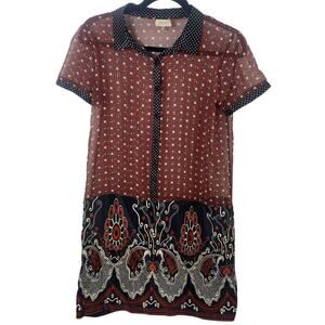 Rozae Nichols Red Sheer Bohemian Polka Dot 100% Silk Dress Coverup Size Small